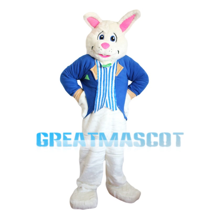 Gentle Rabbit With Blue Coat Mascot Costume
