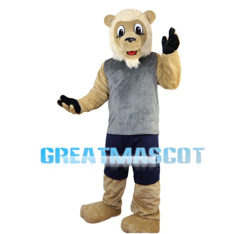 Adult Lion Wearing Gray Vest Mascot Costume