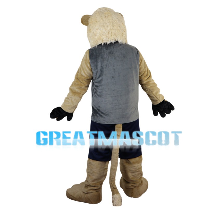 Adult Lion Wearing Gray Vest Mascot Costume