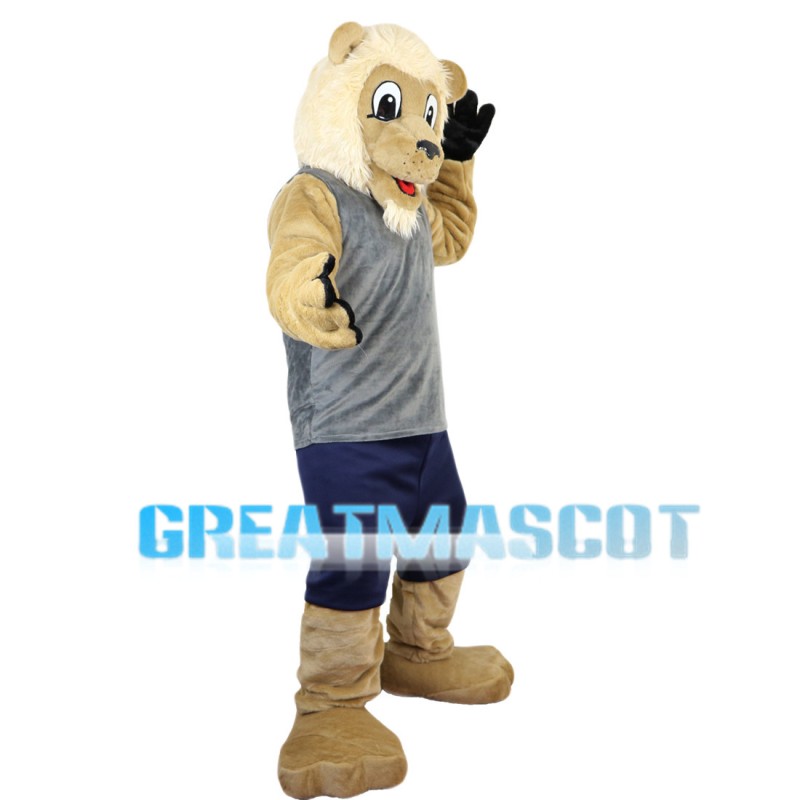 Adult Lion Wearing Gray Vest Mascot Costume
