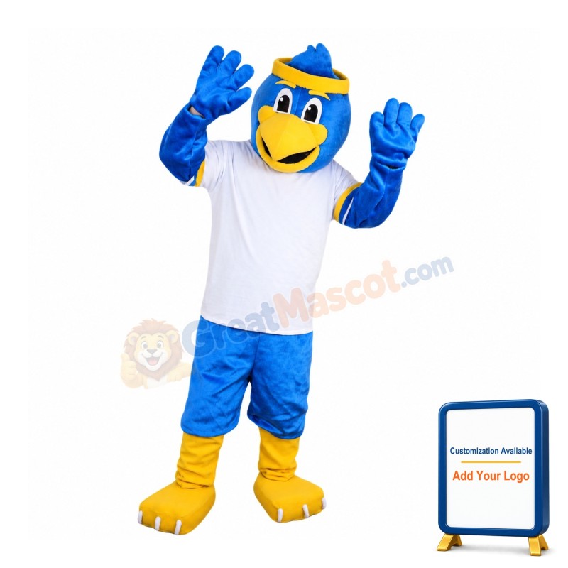 Blue Bird Wearing Yellow Headband Mascot Costume