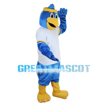 Blue Bird Wearing Yellow Headband Mascot Costume
