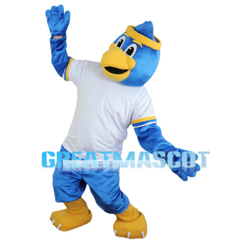 Blue Bird Wearing Yellow Headband Mascot Costume