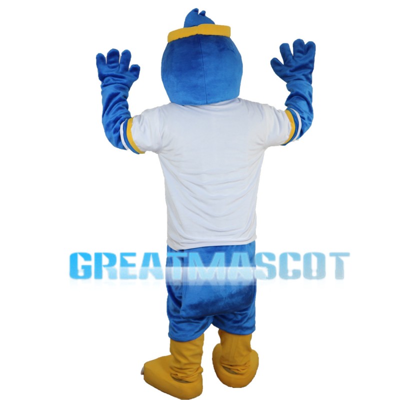 Blue Bird Wearing Yellow Headband Mascot Costume