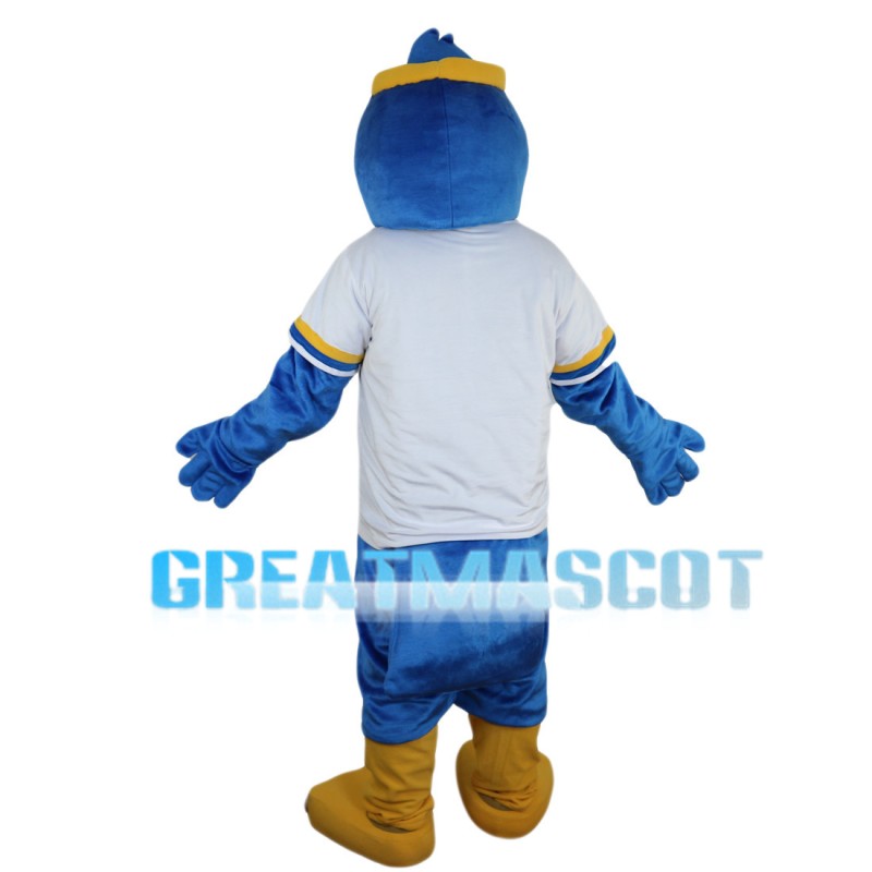 Blue Bird Wearing Yellow Headband Mascot Costume