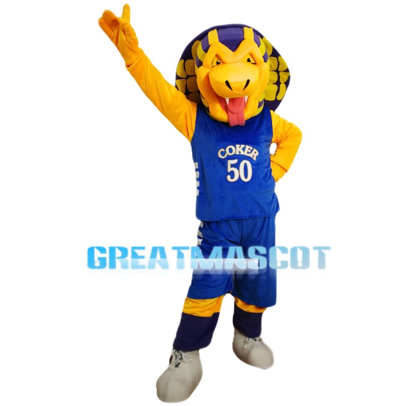 Scary Yellow Boa With Blue Sports Set Mascot Costume