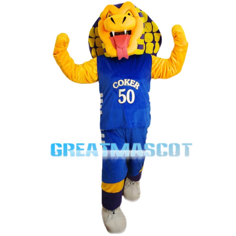 Scary Yellow Boa With Blue Sports Set Mascot Costume