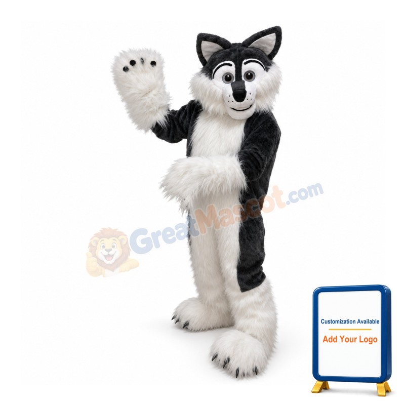 Black & White Long Fur Wolf Mascot Costume