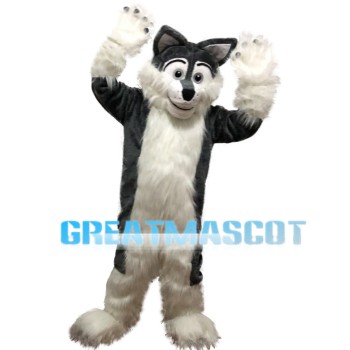 Black & White Long Fur Wolf Mascot Costume