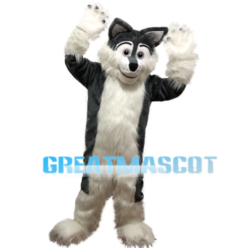 Black & White Long Fur Wolf Mascot Costume