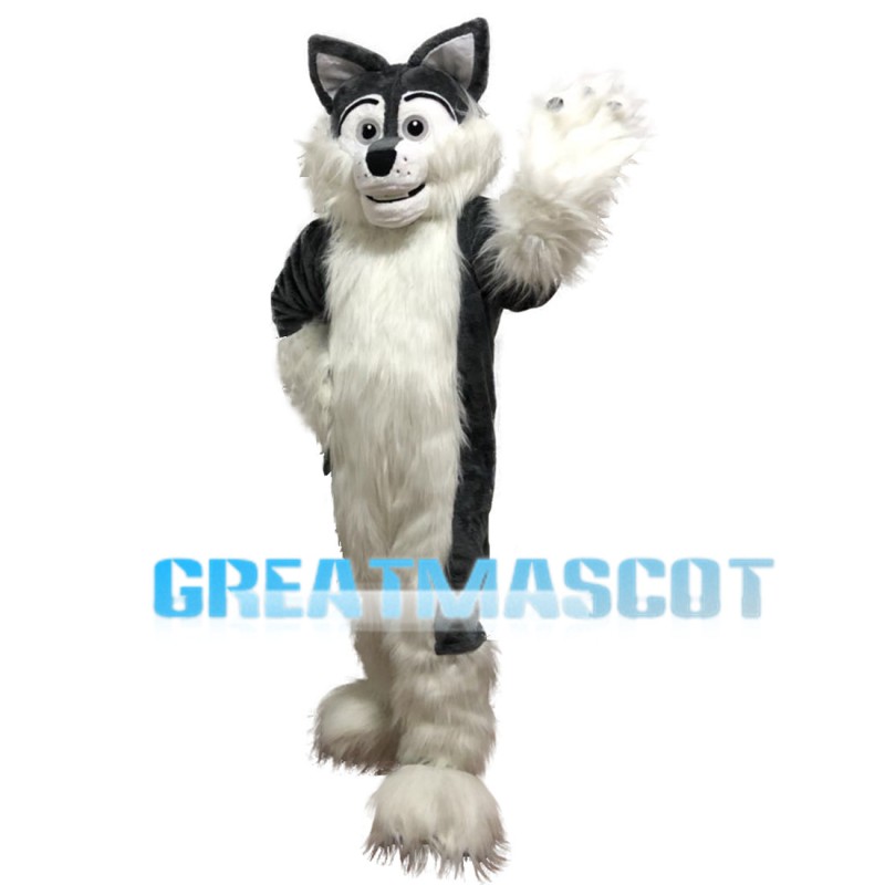 Black & White Long Fur Wolf Mascot Costume