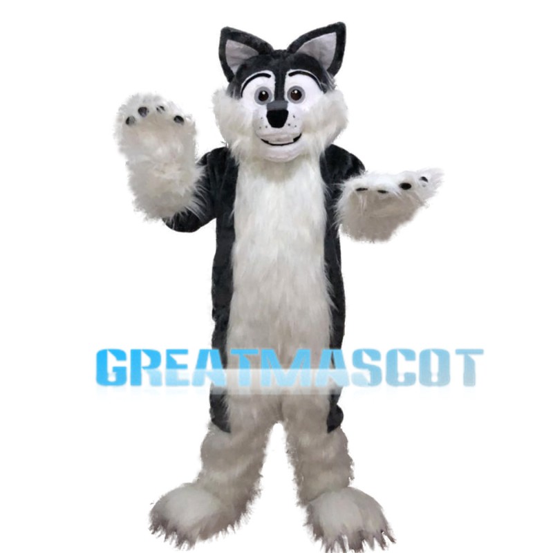 Black & White Long Fur Wolf Mascot Costume