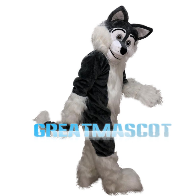 Black & White Long Fur Wolf Mascot Costume