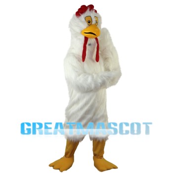 Thinking White Long Fur Chicken Mascot Costume