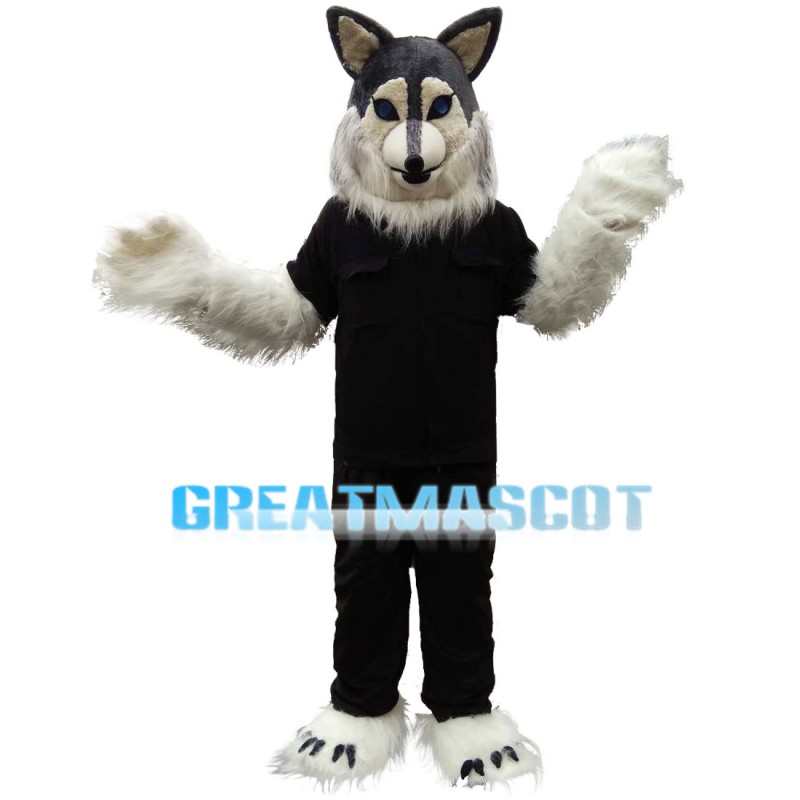 Long Fur White Wolf In Black Set Mascot Costume