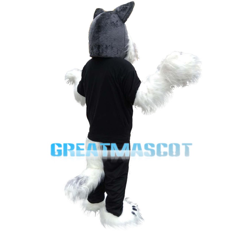 Long Fur White Wolf In Black Set Mascot Costume