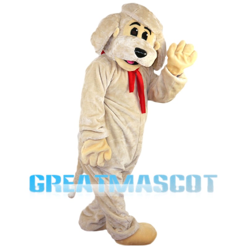 Khaki Dog Wearing Red Scarf Mascot Costume