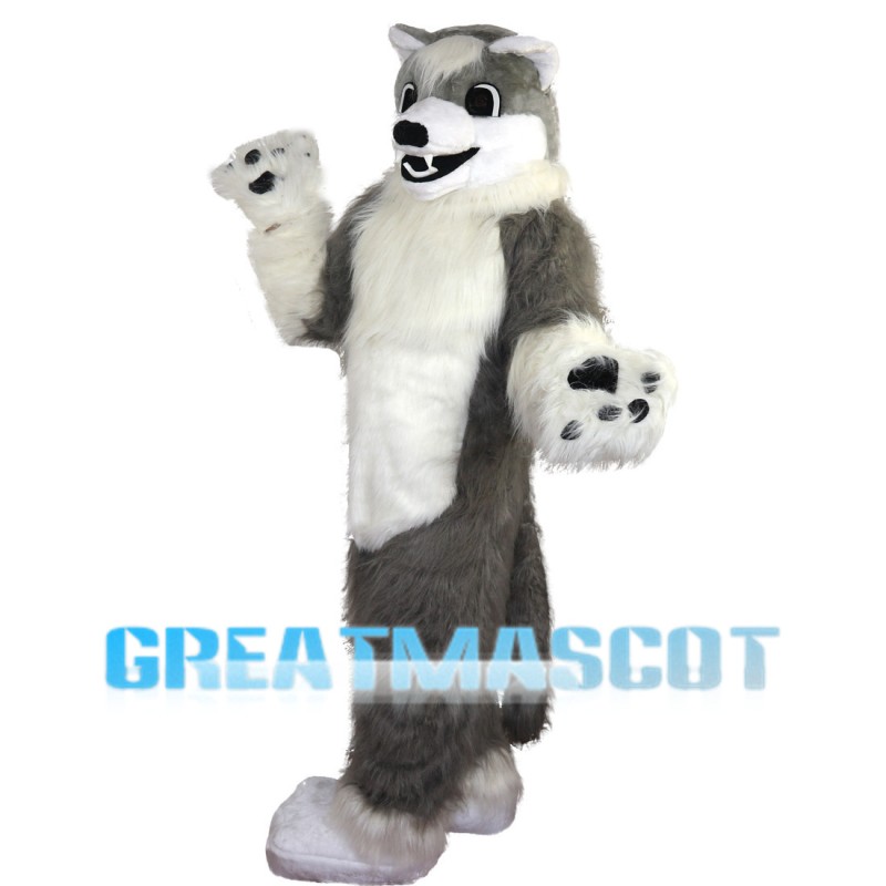Hairy Grey & White Wolf Mascot Costume