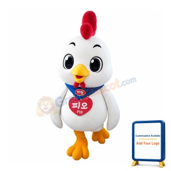 Cartoon White Chicken With Blue Scarf Mascot Costume