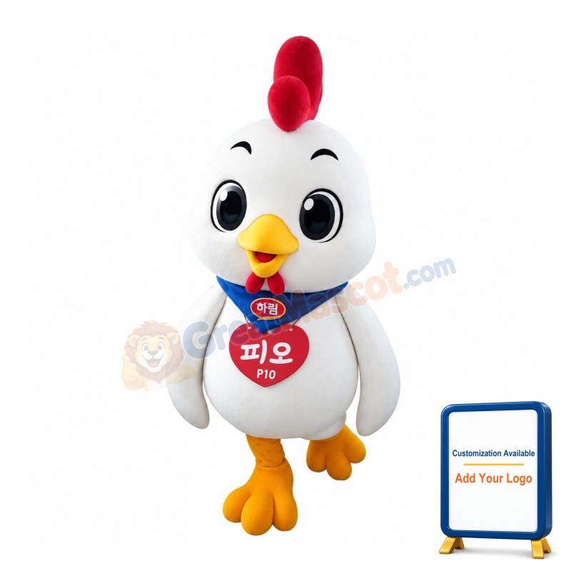 Cartoon White Chicken With Blue Scarf Mascot Costume