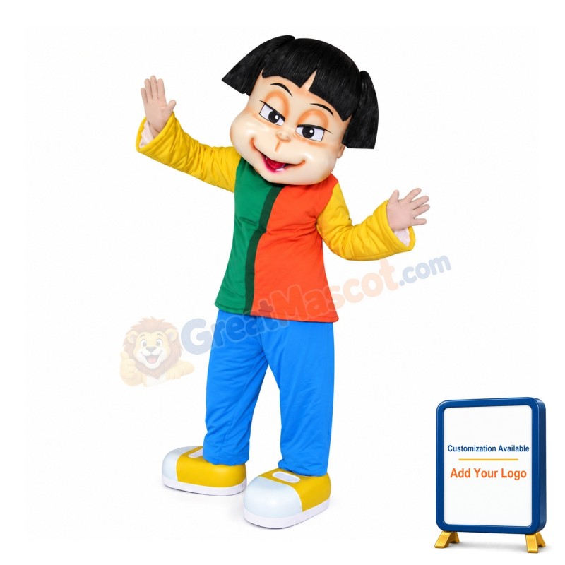 Short Hair Girl Wearing Colorful Set Mascot Costume