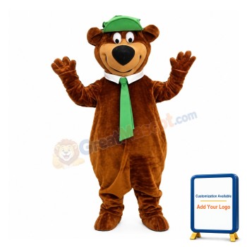 Happy Brown Bear With Green Tie And Cap Mascot Costume