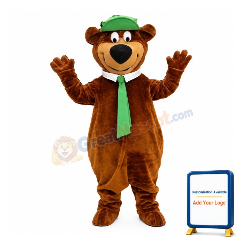 Happy Brown Bear With Green Tie And Cap Mascot Costume