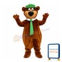 Happy Brown Bear With Green Tie And Cap Mascot Costume