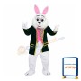 Learned White Rabbit Wearing Black Coat Mascot Costume
