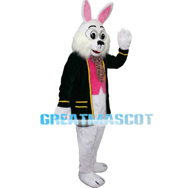 Learned White Rabbit Wearing Black Coat Mascot Costume