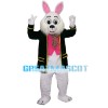 Learned White Rabbit Wearing Black Coat Mascot Costume