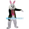 Learned White Rabbit Wearing Black Coat Mascot Costume
