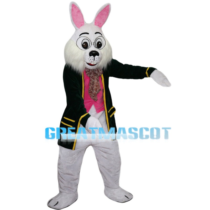 Learned White Rabbit Wearing Black Coat Mascot Costume