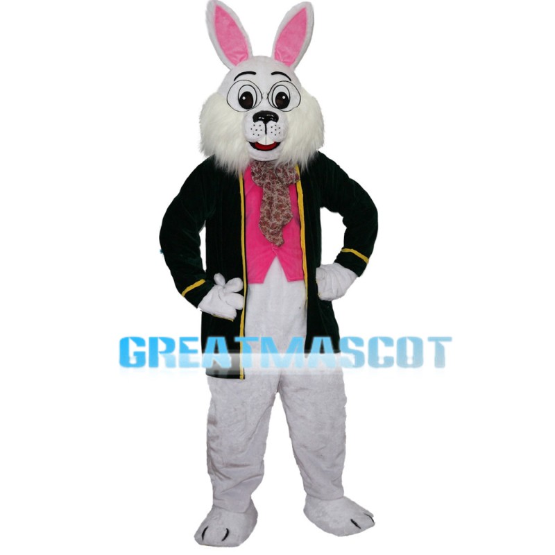 Learned White Rabbit Wearing Black Coat Mascot Costume