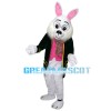 Learned White Rabbit Wearing Black Coat Mascot Costume