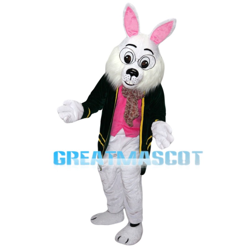 Learned White Rabbit Wearing Black Coat Mascot Costume