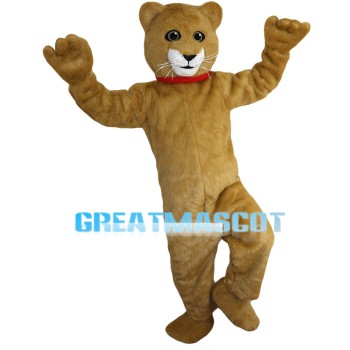 Happy Brown Tiger With Red Collar Mascot Costume