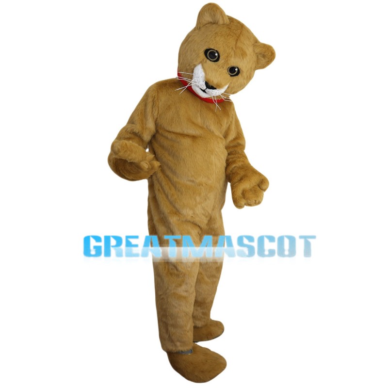 Happy Brown Tiger With Red Collar Mascot Costume