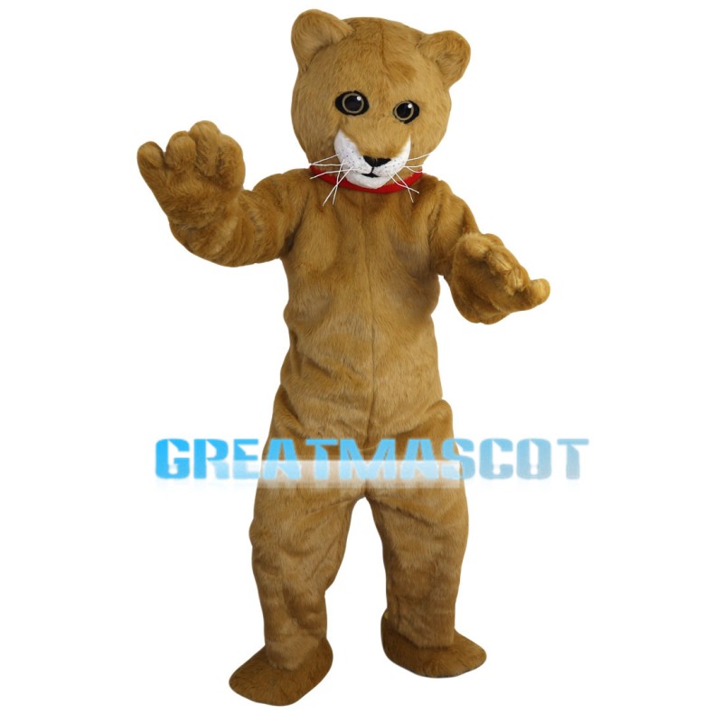 Happy Brown Tiger With Red Collar Mascot Costume