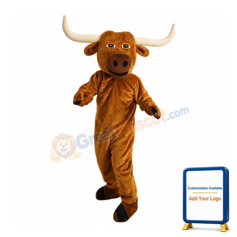 Hardworking Bull With Long Horns Mascot Costume
