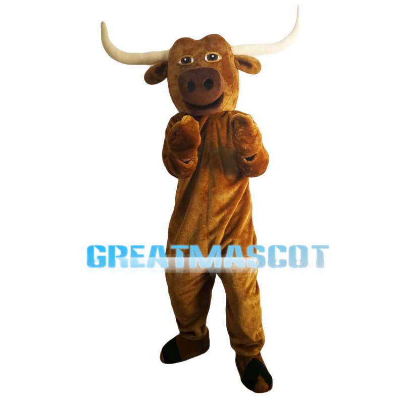 Hardworking Bull With Long Horns Mascot Costume