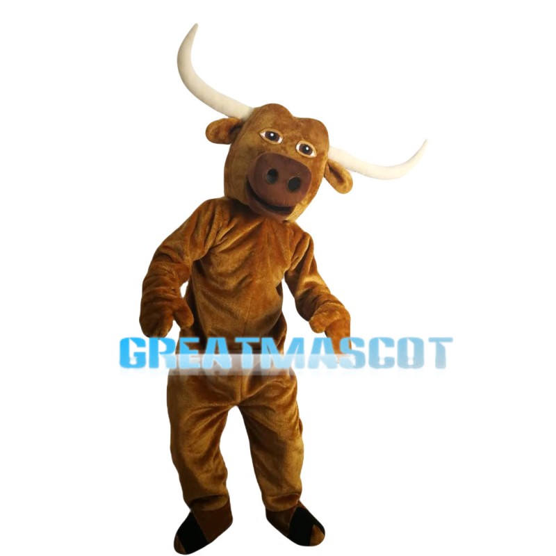 Hardworking Bull With Long Horns Mascot Costume
