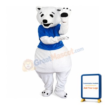 White Polar Bear With Blue Shirt Mascot Costume