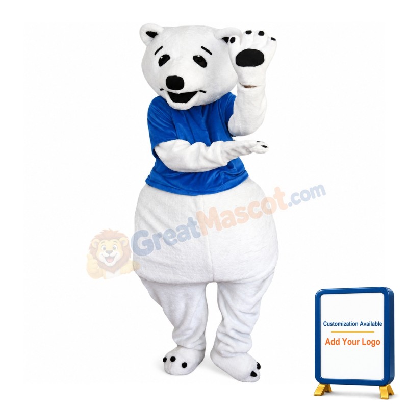 White Polar Bear With Blue Shirt Mascot Costume