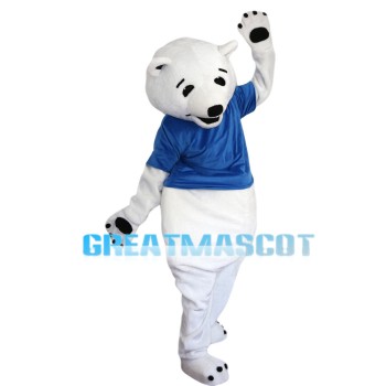 White Polar Bear With Blue Shirt Mascot Costume