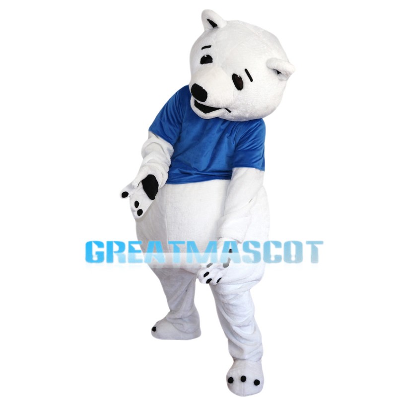 White Polar Bear With Blue Shirt Mascot Costume