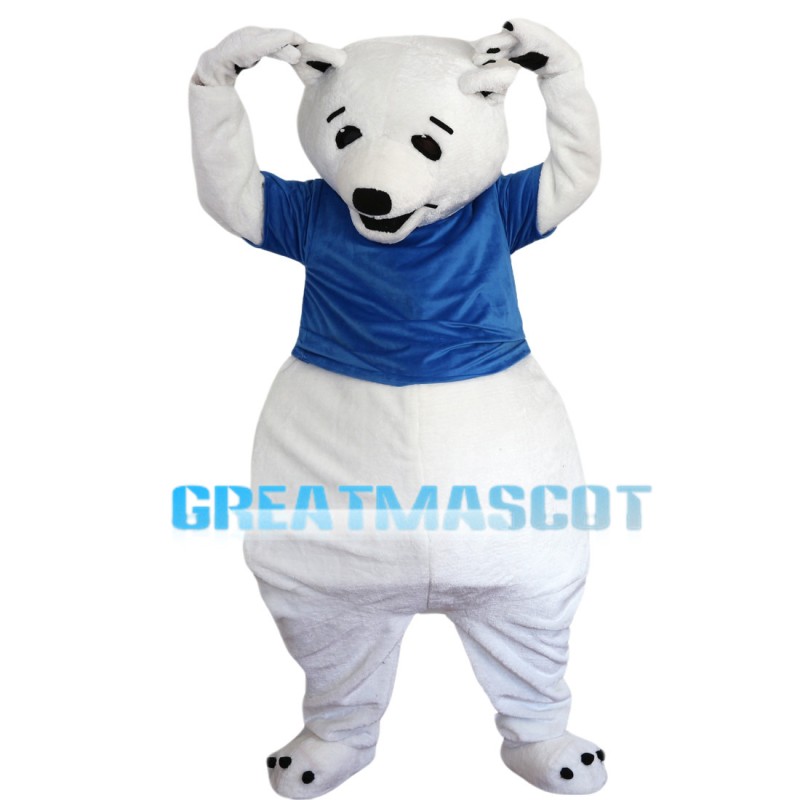 White Polar Bear With Blue Shirt Mascot Costume