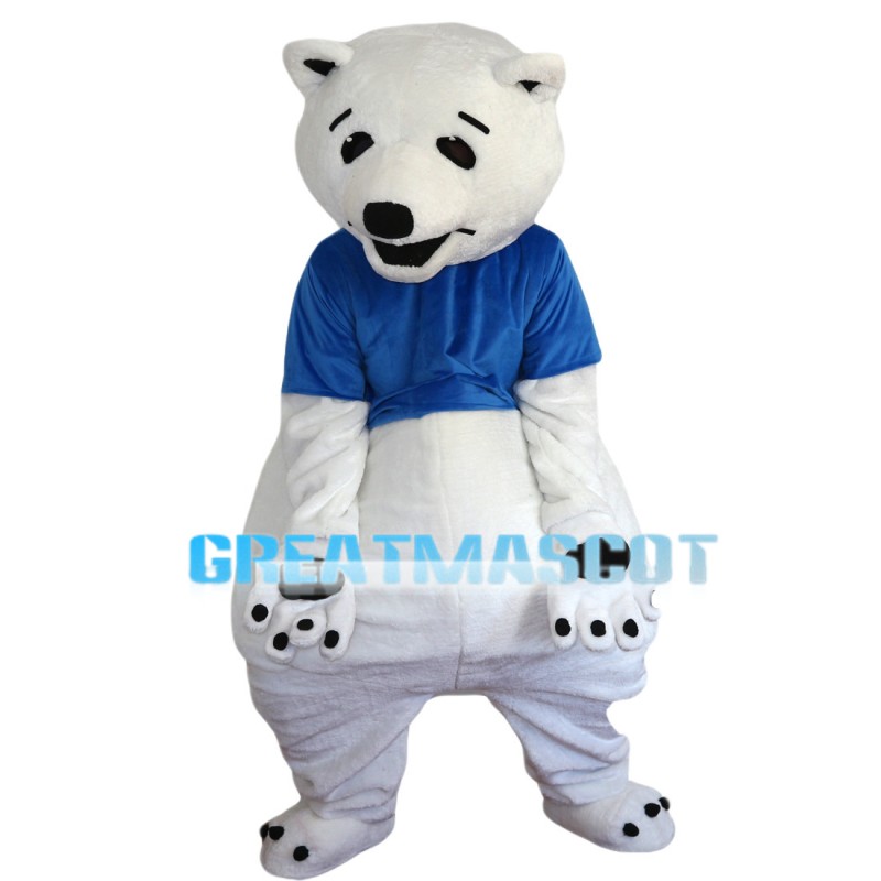 White Polar Bear With Blue Shirt Mascot Costume