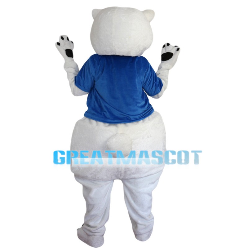 White Polar Bear With Blue Shirt Mascot Costume