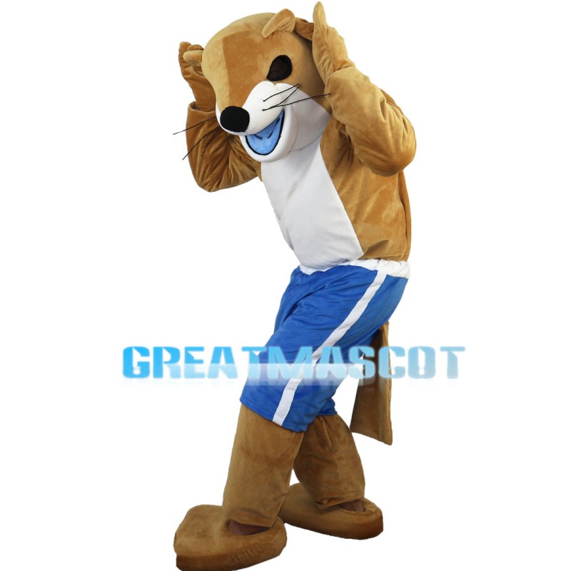Lively Beaver In Blue Shorts Mascot Costume